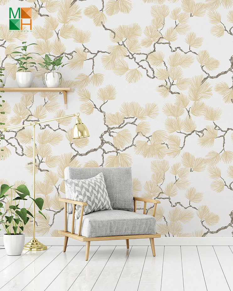  Giấy dán tường hàn quốc hình lá cây màu ngà 6801-1