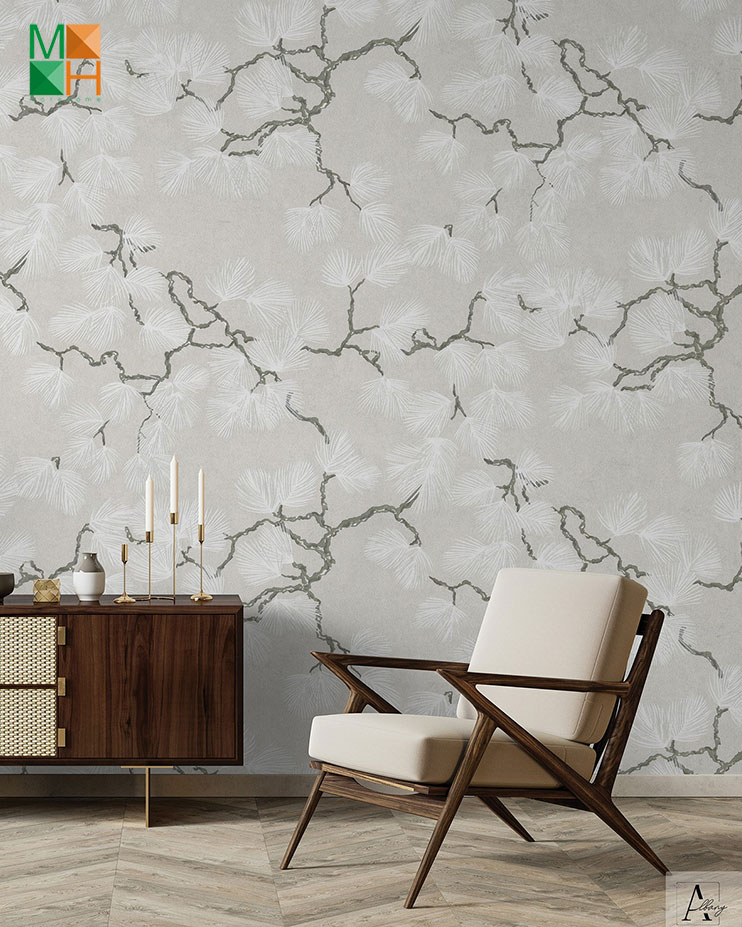  Giấy dán tường hàn quốc hình lá cây màu xám 6801-2