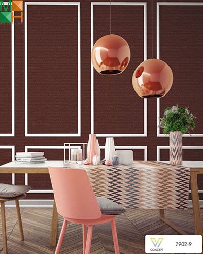 Giấy dán tường 7902 hiện đại màu sắc nhẹ nhàng bao gồm màu trắng, ghi, vàng nhạt, đỏ đô